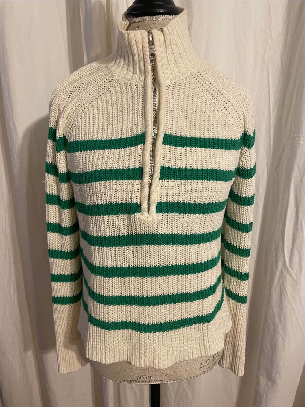 Autres Filles Women's Half-Zip Sweater with Green Stripes and thick knit sz S